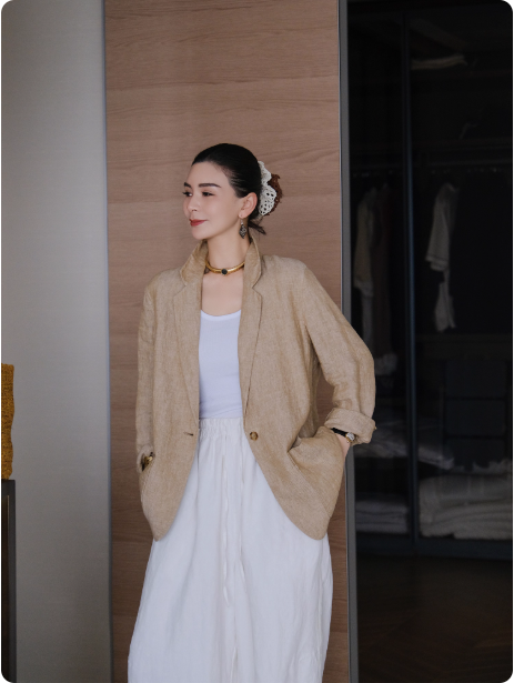 自然主义文艺态度汉麻亚麻混纺双色色织休闲显瘦西装外套