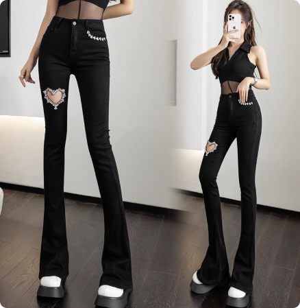 夏季新款牛仔裤修身高腰破洞显瘦微喇叭裤女薄款裤子女士