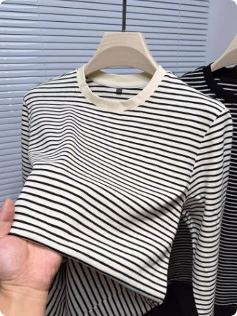 高级感黑白条纹长袖t恤男士春秋季新款潮流圆领休闲纯棉打底上衣