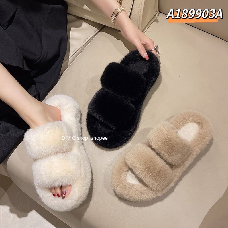 【ruru shop】韩版一字双带厚底拖鞋 毛毛拖 休闲外穿拖鞋 室内拖鞋 居家拖鞋 露趾大尺码 平底拖鞋?#9903A