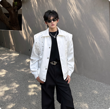 秋季新男装垫肩小众个性金属宽松飞行员长袖夹克短款休闲情侣外套